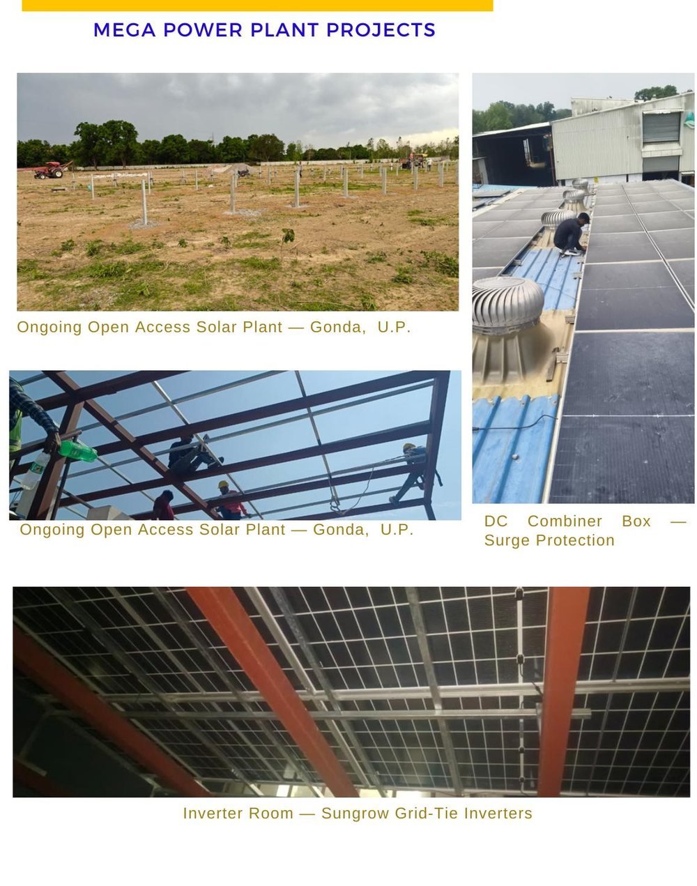 Mega power plant credentials — Gonda open access plant, DC combiner box, Sungrow inverter room
